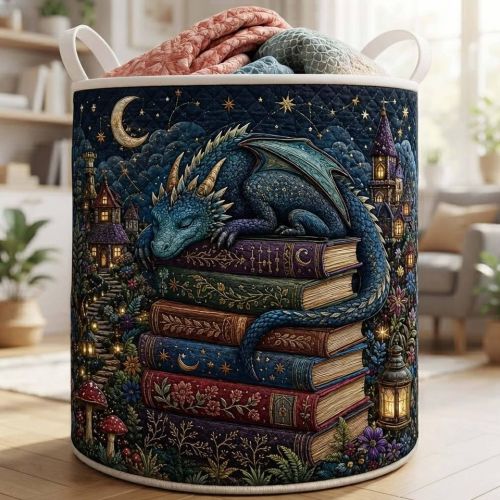 Mystic Book Keeper Quilted Laundry Basket: Fantasy Dragon Storage Bin, Gothic Clothes Hamper