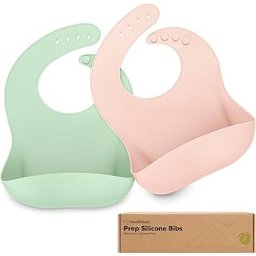 KeaBabies 2-Pack Silicone Baby Bibs for Eating - Sturdy Food-Grade Silicone Bibs for Babies Girl, Boy, Large Food Catcher, Clean & Put On Easily, Waterproof Toddler Feeding Essentials (Mellow)