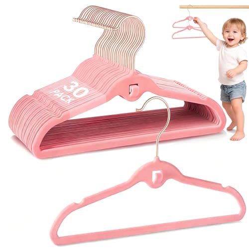Baby Velvet Stackable Hangers 30 Pack, 11 Inches Pink Kids Clothes Hanger | Hanger for Closet, Non Slip Kids Infant Hangers for Nursery, Thin Space Saving Children Felt Hanger with 360° Swivel Hooks