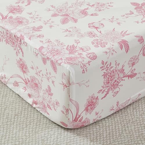 Brandream Organic Crib Fitted Sheets for Baby Girls, Grandmillennial Fitted Crib Sheet for Standard Crib and Toddler Mattress Super Soft 100% Cotton Baby Sheet French Country Pink Toile Floral Print