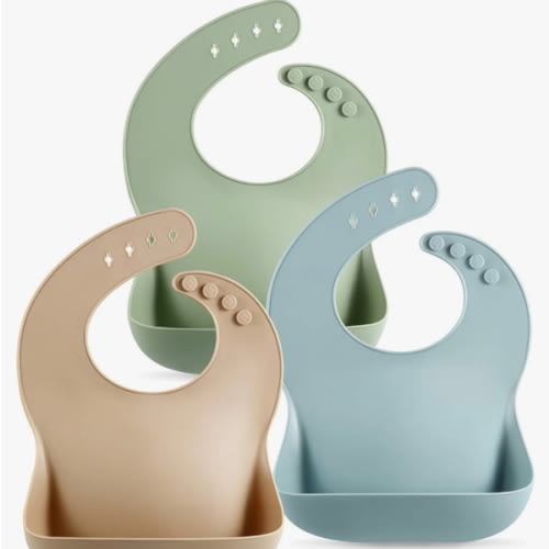 PandaEar Set of 3 Silicone Baby Bibs Waterproof, Soft, Unisex, 10-72 Months (Brown/Blue/Green)
