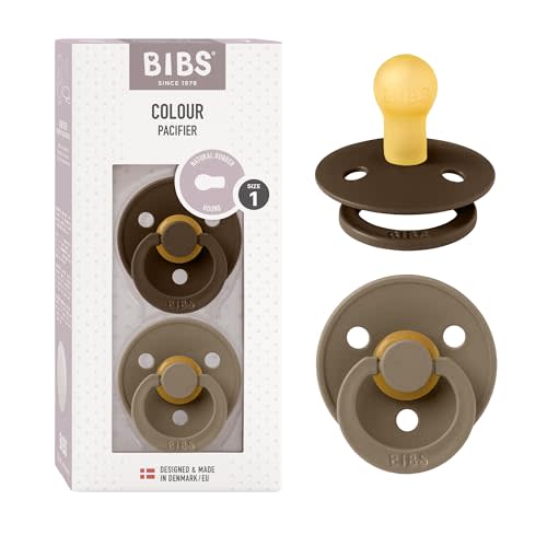 BIBS Pacifiers Colour Collection | Natural Rubber Baby Pacifier | Set of 2 BPA-Free Soothers | Made in Denmark | 0+ Months (Pack of 2) | Mocha/Dark Oak | Natural Rubber Latex | Size 1 | BPA-Free | Made in Denmark | High Nipple Acceptance | Airflow Hole...