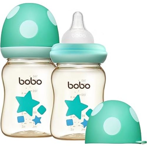 YOHKOH PPSU Baby Bottle Wide Neck, Newborn Anti-Colic Baby Bottle with Natural Response Nipple, Streamlined Body, Easy to Clean (5.4oz (Pack of 2), Blue)