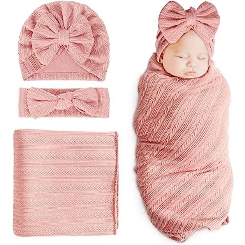 DRESHOW BQUBO Newborn Receiving Blanket Toddler Warm for Girls with Bow Hat and Bow Headband Shower Gift