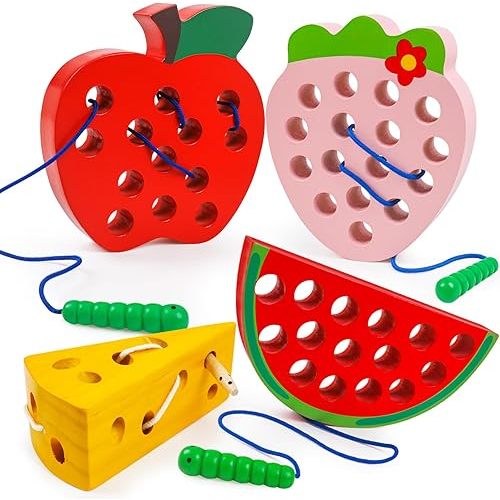 Wooden Toys Lacing Toys for Toddlers 3-5,Plane Activities Car Travel Toy Montessori Educational Learning Threading Toys for Fine Motor Skills Birthday Easter Gift for Boys Girls(4 pcs)