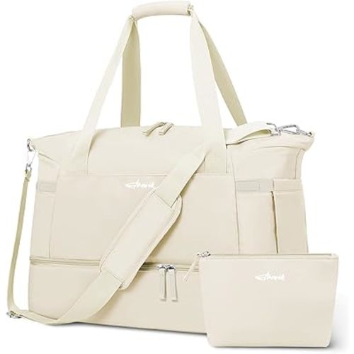 ETRONIK Gym Bag for Women, Personal Item Travel Bag with Shoes Compartment, Weekender Overnight Duffel Bag with Wet Pocket, Carry On Bag for Women, Travel, Gym, Weekend (Beige)