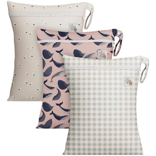 LA PETITE OURSE Wet Dry Bags with Zipper Closure and Hanging Strip, Washable, Reusable, Baby Cloth Diapers- Pack of 3 (Rustique)