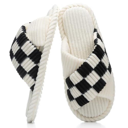 GOEWY Slippers for Women Memory Foam House Bedroom Corduroy Crossbands Open Toe Slides Sandals Shoes Comfy Trendy Gift for womens Anti-Skid sole