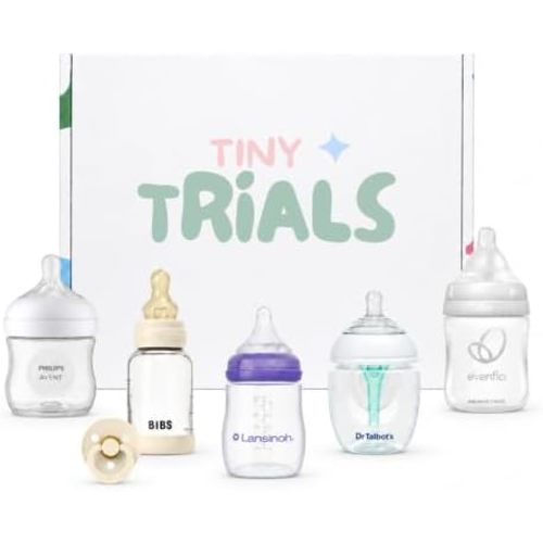 Baby Bottle Trial Pack Variety Box for Newborns – 5 Bottles & 1 Pacifier Featuring BIBS, Lansinoh, Philips Avent, Dr. Talbot's & Evenflo – Anti-Colic, Breastfeeding-Friendly Registry Gift, Tiny Trials