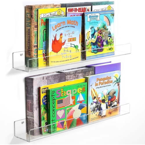 Niubee, 24 Inch Acrylic Floating Shelves, 5MM Thick Clear Wall Shelves, 2 Pcs, Rounded Edge Safety
