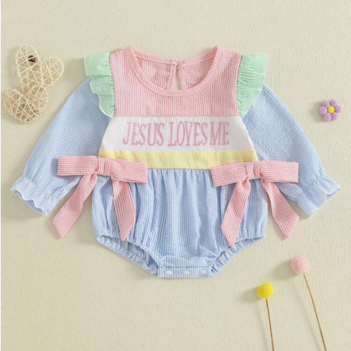 Baby Girl Autumn Striped Romper Flying Sleeve Round Neck Letter Embroidery Jumpsuit
