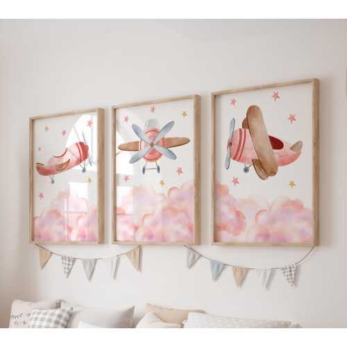 Set of 3 Airplane Prints, Pink Airplane Wall Art Set, Clouds Posters, Modern Art, Kids Bedroom Decor, Girl Nursery Decor, Playroom Prints