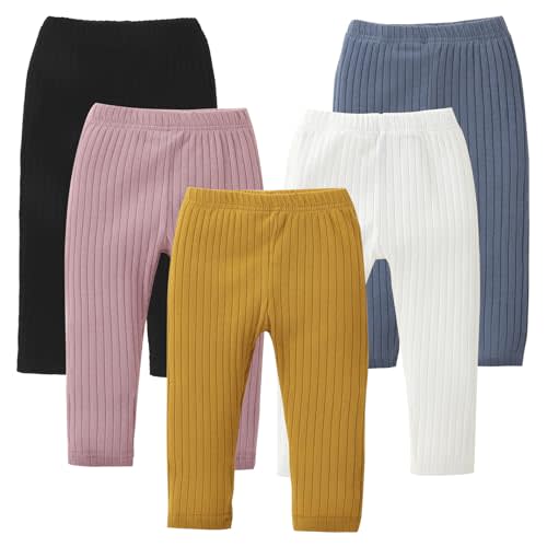 DREAM BUS 5 Pack Toddler Girl Leggings Ribbed Cotton Stretch Pants | Comfortable, Soft, and Stretchy; Spring Fall Basic Playwear; Wide Waistband