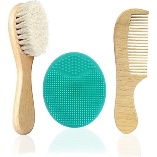 Baby Hair Brush with Wooden Handle and Comb Set for Newborns & Toddlers | Natural Soft Goat Bristles l Wood Comb l Green Silicone Brush| Ideal for Cradle Cap (3 Piece)