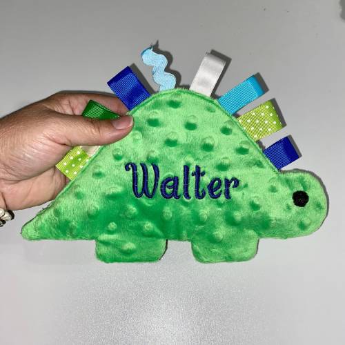 Personalized dinosaur baby crinkle and rattle toy. Baby shower gift. Name toy. Ribbon crinkle tag toy. Baby gift.