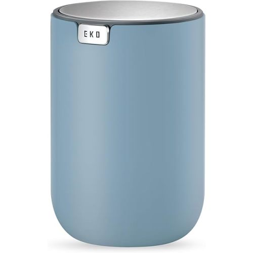 EKO Mini Desk Trash Can with Swing-Top Lid 0.4 Gallon Small Table Round Wastebasket for Office, Home, Car (Blue)
