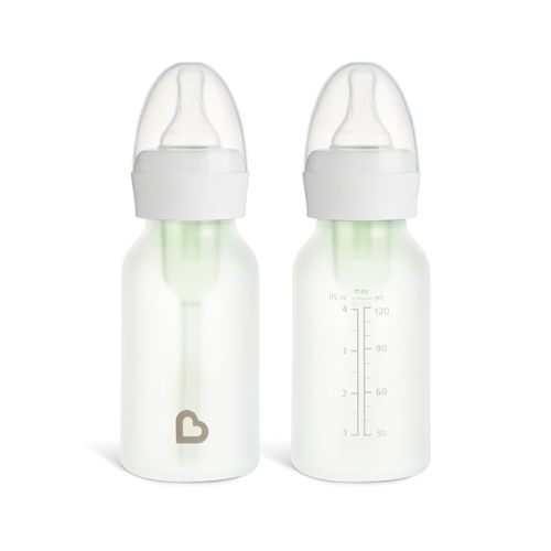 Munchkin Bond Silicone Coated Glass Baby Bottles - Anti-Colic Feeding System with Natural Feel Nipples, 4 Ounce, 2 Pack, White