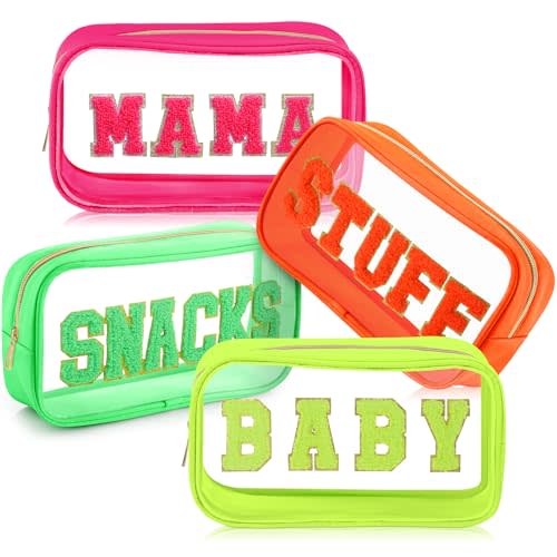 SilTriangle 4 Pcs Mama and Baby Toiletry Bag Clear Chenille Letter Pouch Snacks Makeup Stuff Travel Diaper Bag Preppy Transparent Pouch with Zipper for Women Gift(Fluorescent Color)