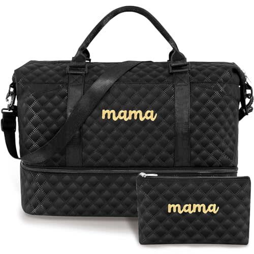 Dansydaisy Mama Hospital Bag for Women Labor Delivery Travel Duffle Bag with Shoe Compartment and Toiletry Pouch Waterproof Letter Embroidered for Pregnancy Weekender Overnight Gym Gift, Black