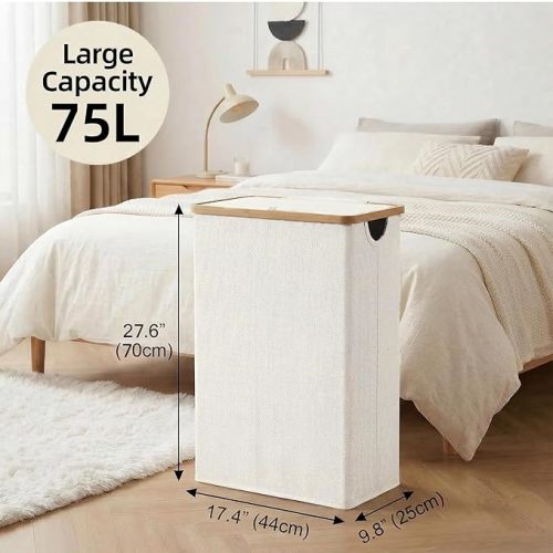 Slim Laundry Basket with Lid, Narrow Laundry Hamper with Removable Bag, Skinny Dirty Clothes Basket with Bamboo Handles for Bathroom, Bedroom & Laundry Room, 75L Beige
