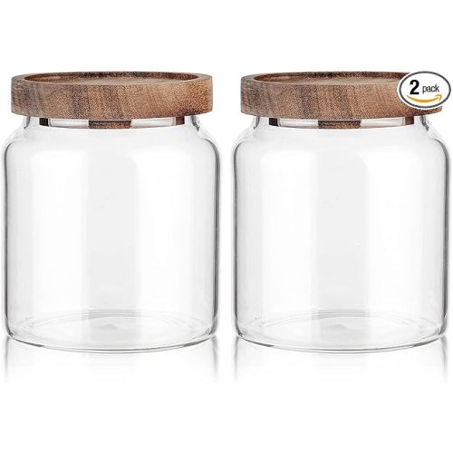 Labina Glass Storage Container Airtight Food Jars Kitchen Canister with Wood Lids, 20 Oz Wide Mouth Pantry Organization Glass Jar for Flour, Sugar, Cookie, Spagetti, Nuts and Candy (2 Pack)