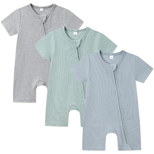 Bafeicao Baby Boy Girl 3 Pack Short Sleeve Rompers Ribbed Cotton 2 Way Zipper Solid Romper One Piece Jumpsuits Clothes