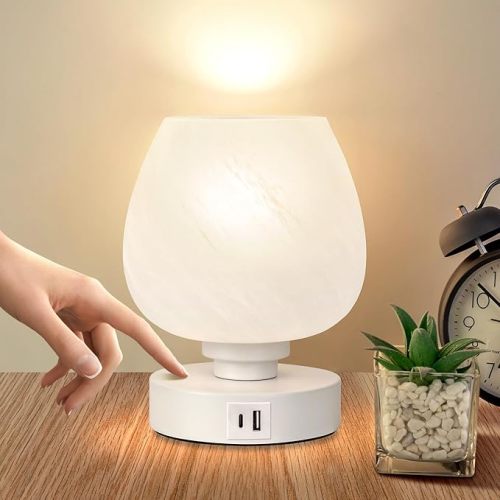 Bedside Table Lamp - Touch Small Lamp for Bedroom Nightstand, 3-Way Dimmable, White Opal Glass Shade, Warm LED Bulb Included