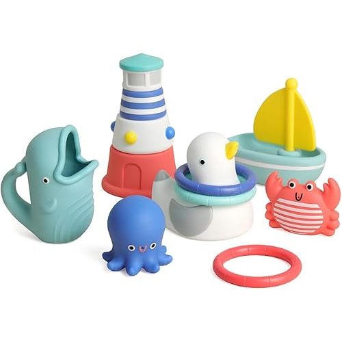 Itzy Ritzy Bathtime Gift Set - 12-Piece Set of Nautical-Themed Bath Toys Including a Water Scoop, Stacking Lighthouse, Ring Toss & Squirting Toys (Nautical)