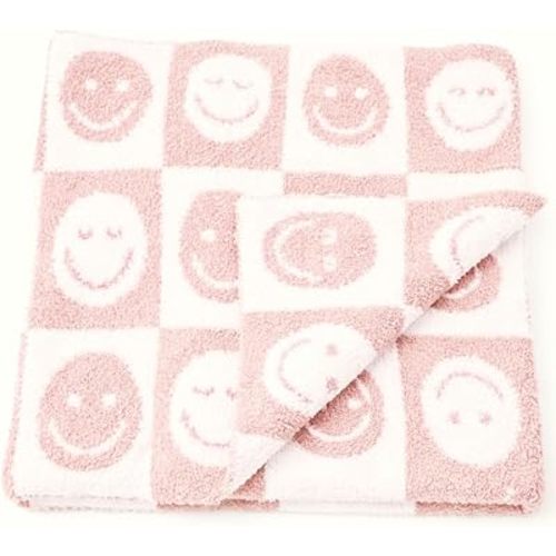 L+L USA Checkered Smiley Face Baby Blanket 28"x40" - DreamSoft Knit Throw for Crib, Stroller or Car Seat Blanket/Newborn Nursery Gift Essential for Toddler, Infant, Kids, Boys & Girls (Pink/White)