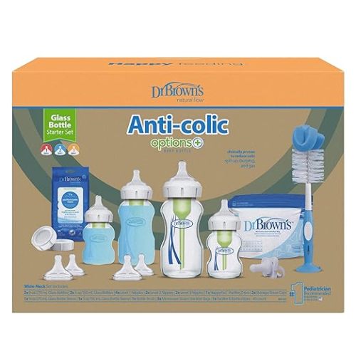 Dr. Brown’s Natural Flow Anti-Colic Options+ Wide-Neck Glass Baby Bottle Starter Set with 100% Silicone Glass Bottle Sleeves, Baby Bottle Brush, Prevent Pacifier and Pacifier and Bottle Wipes