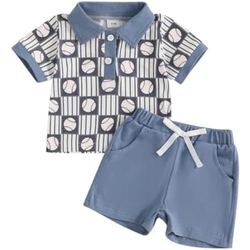 Toddler Baby Boy Baseball Outfit Short Sleeve Polo T Shirts Top and Baseball Shorts Set 2Pcs Summer Clothes