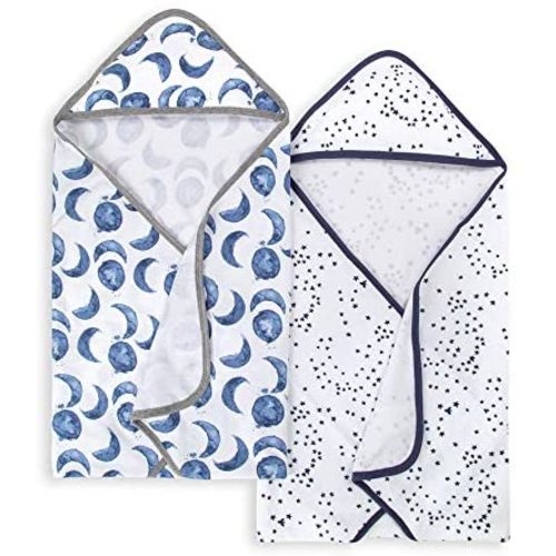 Burt's Bees Baby - Hooded Towels, Absorbent Knit Terry, Super Soft Single Ply, 100% Organic Cotton (Hello Moon!, 2-Pack)
