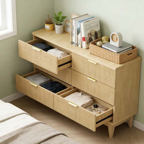 YLGJ&TIDY Fluted Oak 6-Drawer Dresser, 47" Wide, Golden Handles, Adult