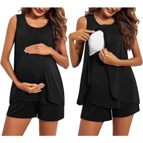 Ekouaer Women Maternity Nursing Pajama Set Breastfeeding Sleepwear Double Layer Sleeveless Top & Shorts Pregnancy PJS
