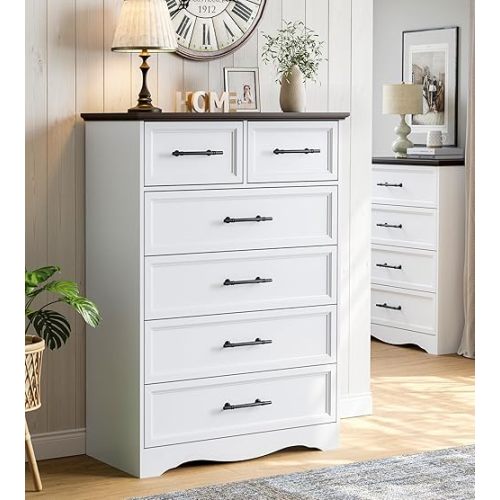 Farmhouse 6 Drawer Dresser, White Wood Chest of Drawers, 44" Tall Bedroom Storage Cabinet with Brushed Metal Handles, Closet Organizer for Bedroom, Living Room, Hallway