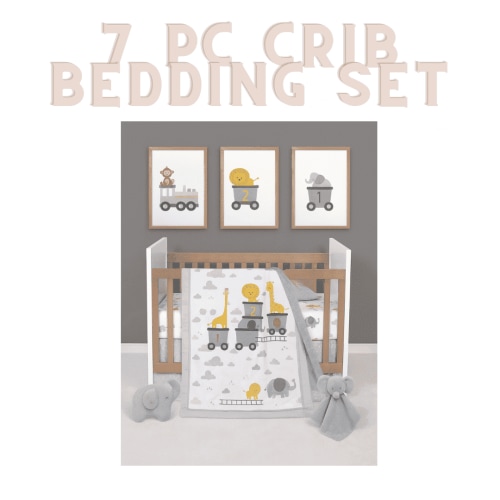 Manhattan Kids Animal Train Nursery Bedding Set | 7-Piece Crib Sheet & Nursery Décor Collection | Unisex Safari Theme for Boys & Girls