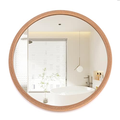 ALMWLB 20 Inch Round Wall Mirror Oak Wood Grain Rustic Brown Framed Vanity Wall Mounted Bathroom Mirrors Farmhouse Decorative Mirror for Living Room Mantel Entryway Bedroom Hallways (Oak, 20"L x 20"W)