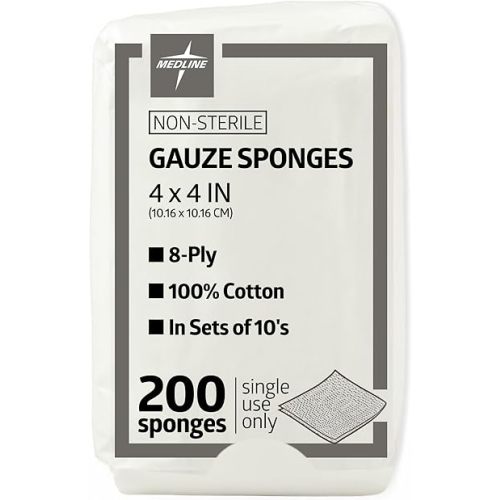 Medline 4 x 4 inch Gauze Sponges, 100% Cotton, 8-Ply Woven Non-Sterile Gauze (Pack of 200)