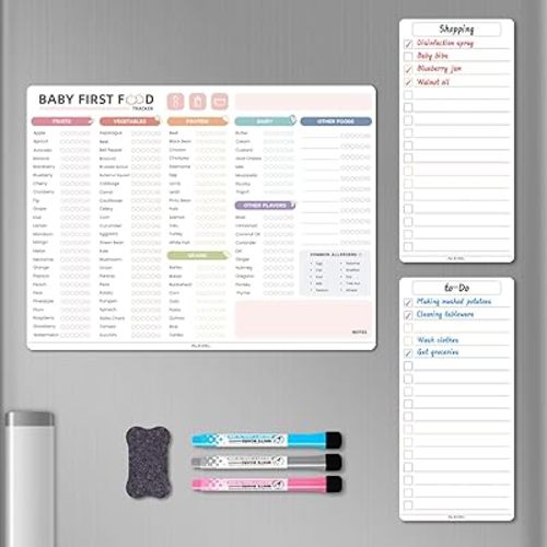 Magnetic Baby First Food Tracker & Dry Erase Daily Food Log for Fridge - 101 Foods Before 1 Checklist Magnet, Includes 2 List Boards, 3 Markers & Eraser