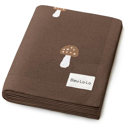 Bleu La La Knit Baby Blanket for Girls and Boys 100% Cotton Buttery Soft Cozy Receiving Swaddle Crib Stroller Blanket for Shower Gift Registry for Newborns, Infants, Toddlers (Mushroom - Mocha)