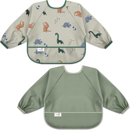 Lot de 2 bavoirs à manches longues pour bébé, tissu imperméable, couverture complète avec poche fourre-tout, 6-24 mois