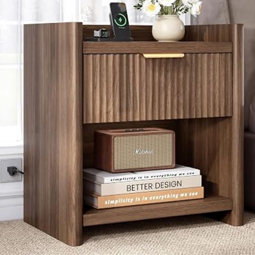 25.9" Fluted Nightstand with Charging Station, Large Modern Bedside Table with Storage Drawer and Metal Handle,End Table for Bedroom, Home Office(1 Pack, Dark Walnut)