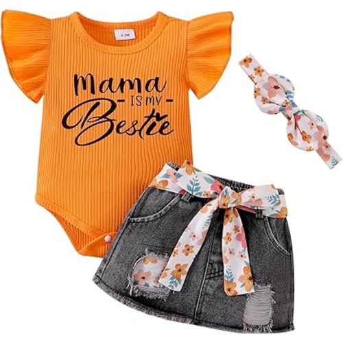 Baby Girl Clothes Newborn Romper Ruffle Sleeve Short Jeans Skirt with Headband Infant Outfits Set 0-18 Months