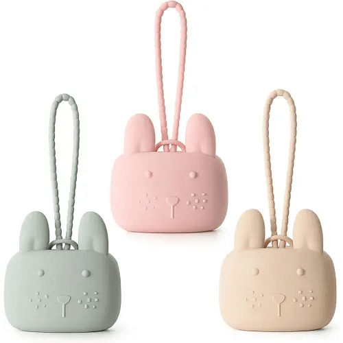 Pacifier Holder Case Silicone Bunny Design Pacifier Pouch with Soft Silicone Strap, Travel Storage for Stroller & Diaper Bag, Pacifier Holder Pouch for Baby, Set of 3 ROCCED-Beige Dusty Green Pink