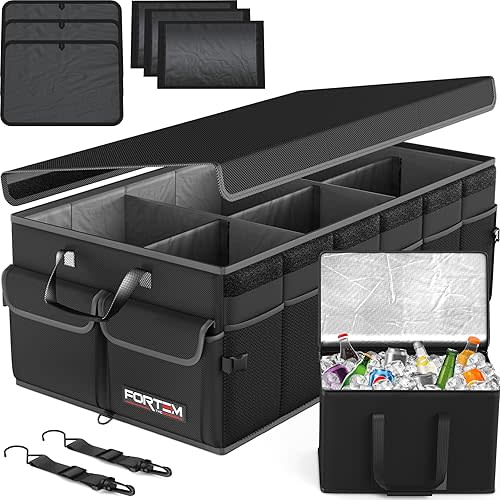 FORTEM Trunk Organizer with Cooler For SUV Car Trunk, Foldable Storage, Car Accessories for Women Men, Collapsible Multi Compartment, 600D Oxford, Non Slip Bottom, Securing Straps, Soft Cover (105L)
