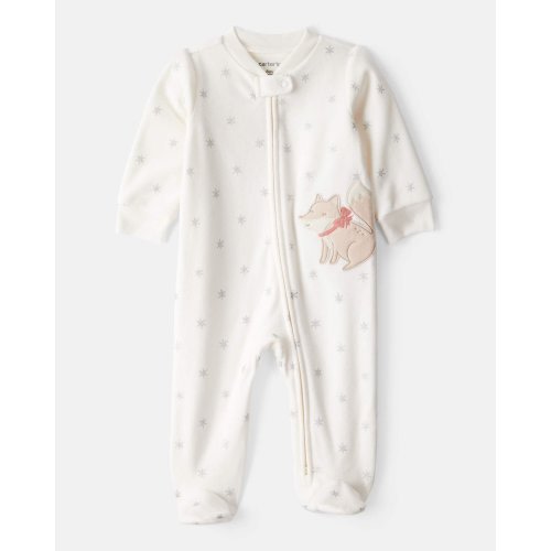 Baby Girl Fox Sparkle Print Loose Fit Long-Sleeve Sleep & Play Pajamas - White | Carter's
