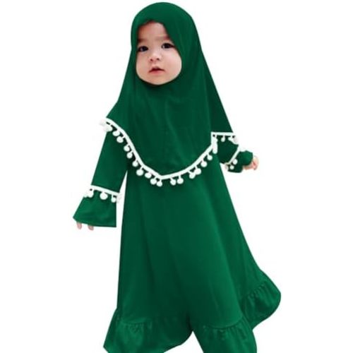 IWEMEK Infant Baby Girl Prayer Dress Kids Muslim Clothes for Toddler Girls Abaya with Hijab Ruffle Islamic Eid Ramadan Outfit