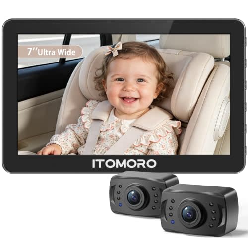 Itomoro Rear Facing Mirrors, 2 Kids Baby Car Camera, 7'' Ultra Wide 1080P HD Display with 2 IR Night Vision Cameras, 150° Wide Angle, 360° Rotatable, Easy Install