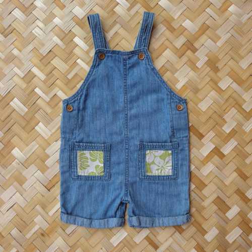 Toddler Plumeria & Monstera Patchwork Denim Overalls / Size 18 Months
