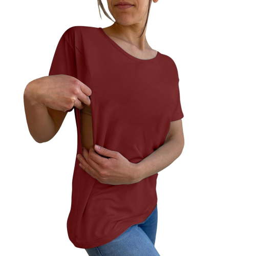Nursing Breastfeeding Shirts for Maternity Women Summer Comfort Tops Friendly Zip T Shirts Women's Solid Color Round Tie Zipper Loose Casual Short Sleeved Top Wine M